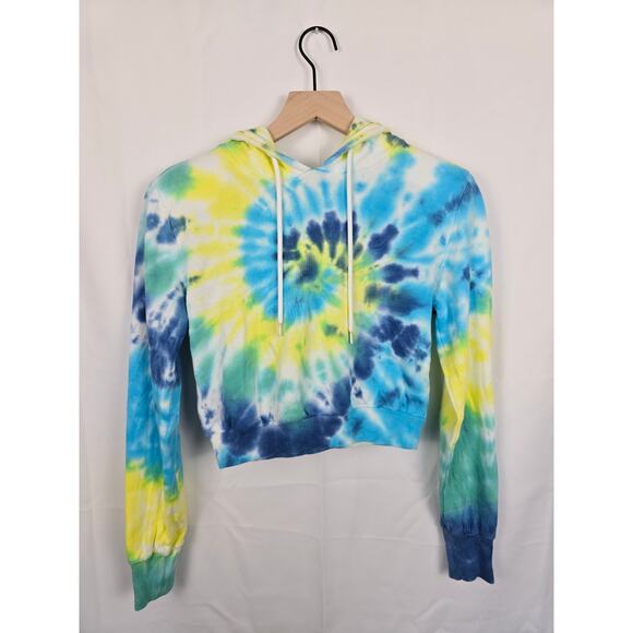 AFRM Cropped Hoodie XS Tie Dye Blue Yellow Cotton Blend Sweatshirt - Picture 1 of 3